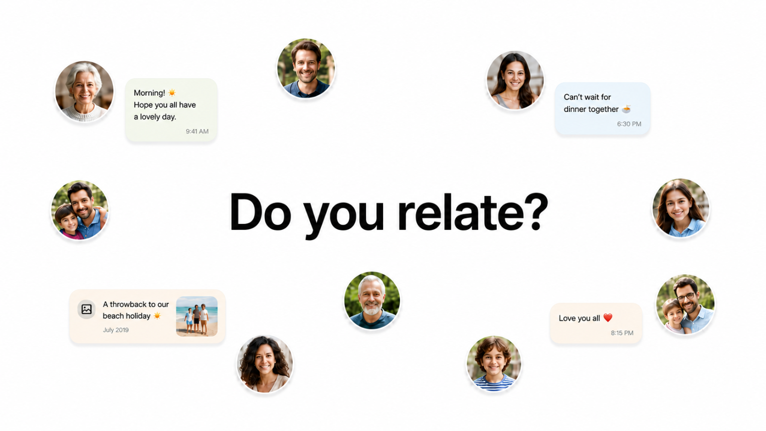 Family members connected through messages and shared moments on Relate